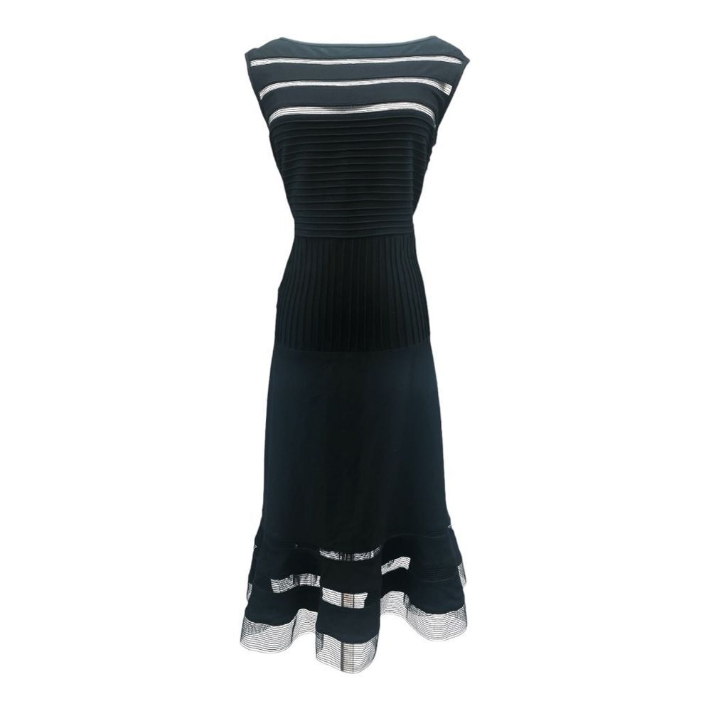 Tadashi Shoji Black Illusion Stripe Mesh Pintuck Jersey Cocktail Dress Size L